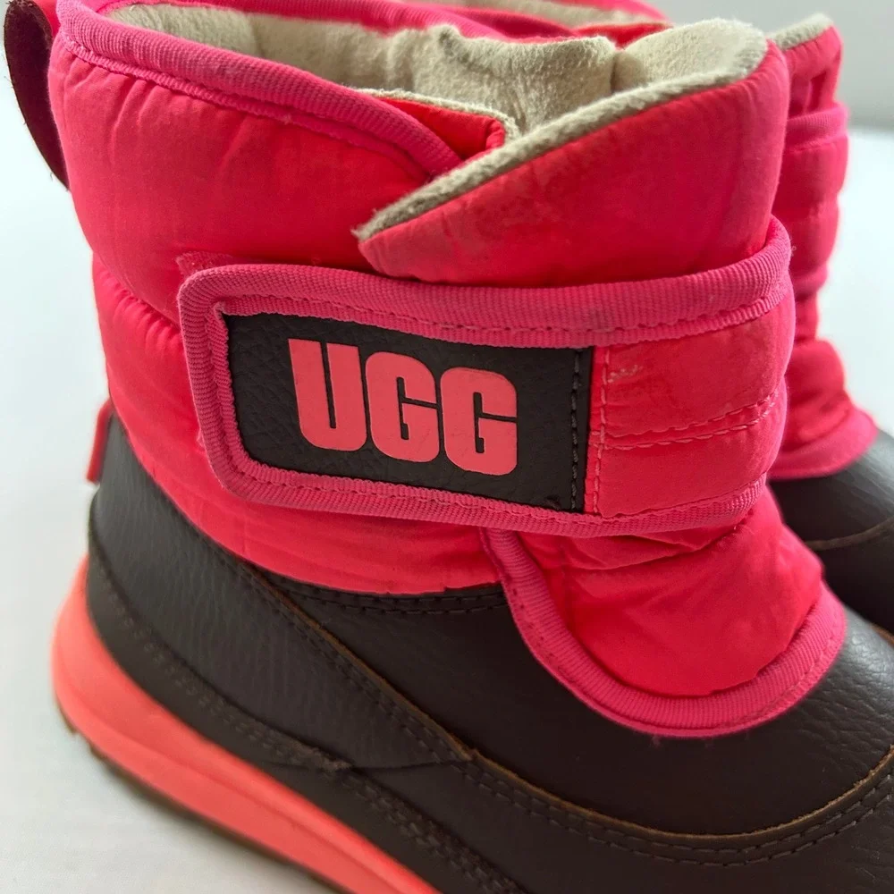 UGG Snow Boots Kids Girls Size 3 Brown Neon Pink Hook Loop Leather Winter Warm